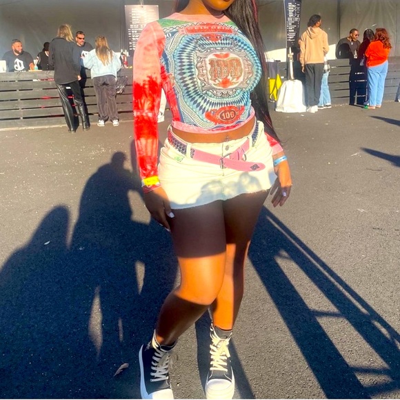 Unique Banknote Long Sleeve Graphic Crop Sexy Mesh Sheer Streetwear T Shirts - Picture 11 of 15